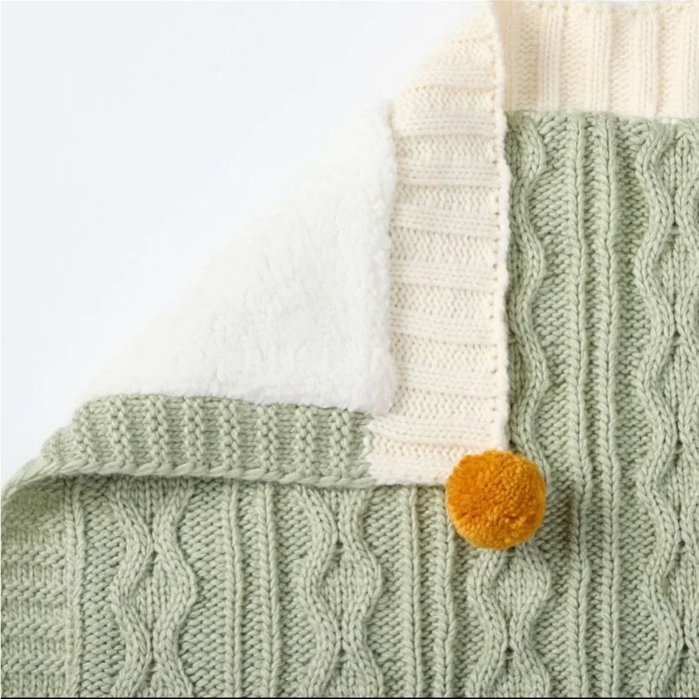 NEW Cable Knit Baby Blanket with Pom Poms - Picture 3 of 5